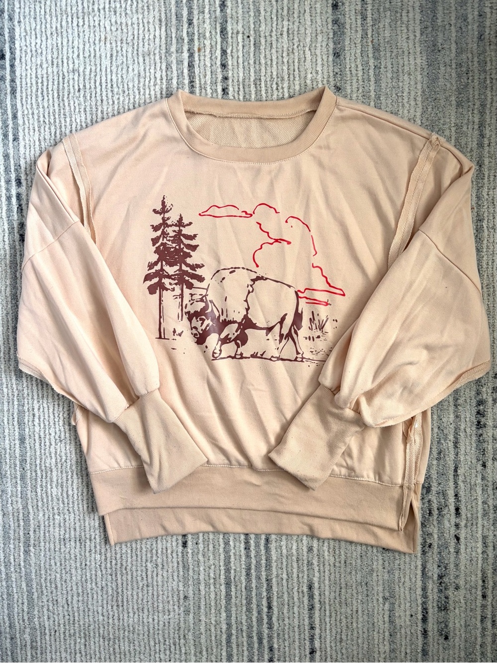 Free People Amazon Dupe Peach Graphic Crewneck Sweater - Nature Buffalo Design